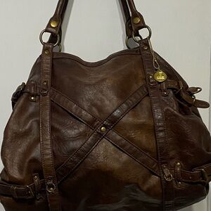 Big Buddha Rich Brown Shoulder Bag with Brass Details
